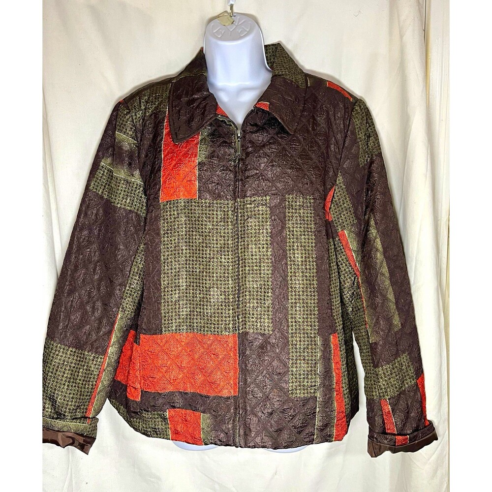 Erin London Quilted Patchwork Jacket Womens XL Zip Up Brown Green Orange Art